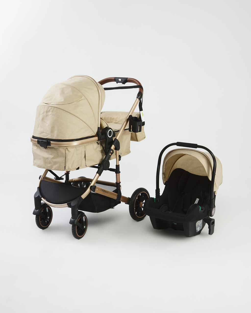 Emerald Baby Compact 3 in 1 Stroller Set with Car Seat & Nappy + Emerald Baby Yara Extra Length Camp Cot