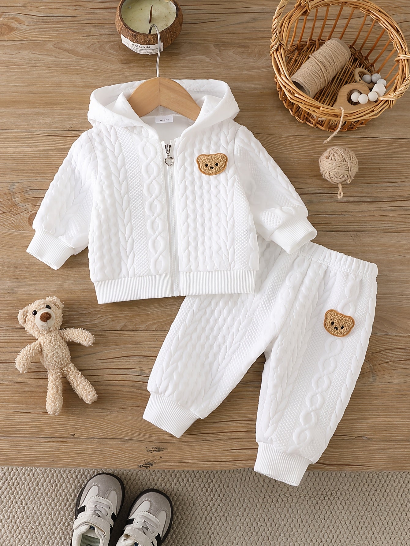 2pcs Set for Boys and Girls, Toddlers, Infants - Autumn/Winter Jacquard Textured Fabric Cartoon Bear Zip-Up Hoodie Top + Long Pants Set, Essential for Home and Outings, Great Gift Choice, Perfect for Outdoor