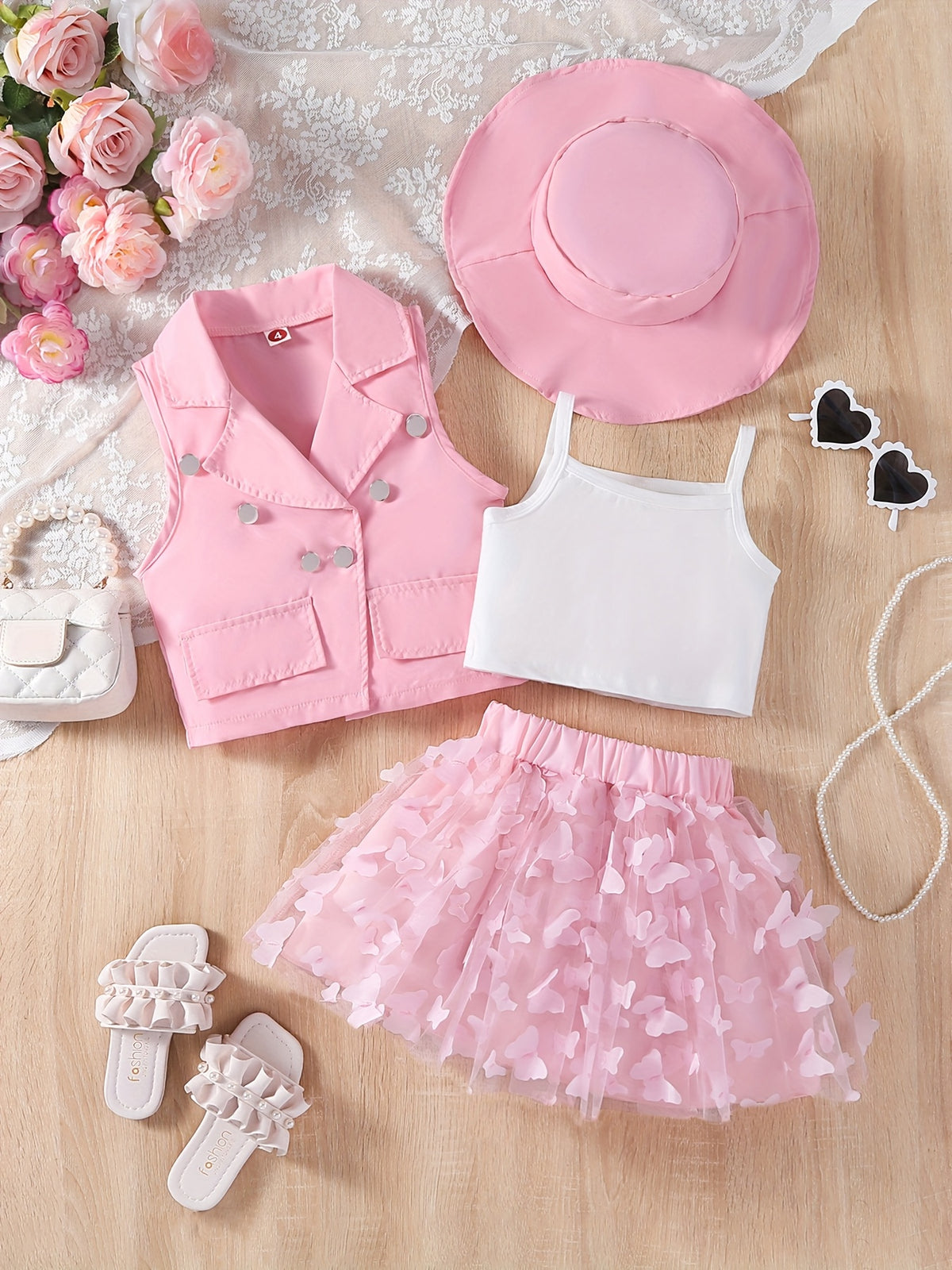 Girls Summer 4-Piece Set With Butterfly Mesh Skirt