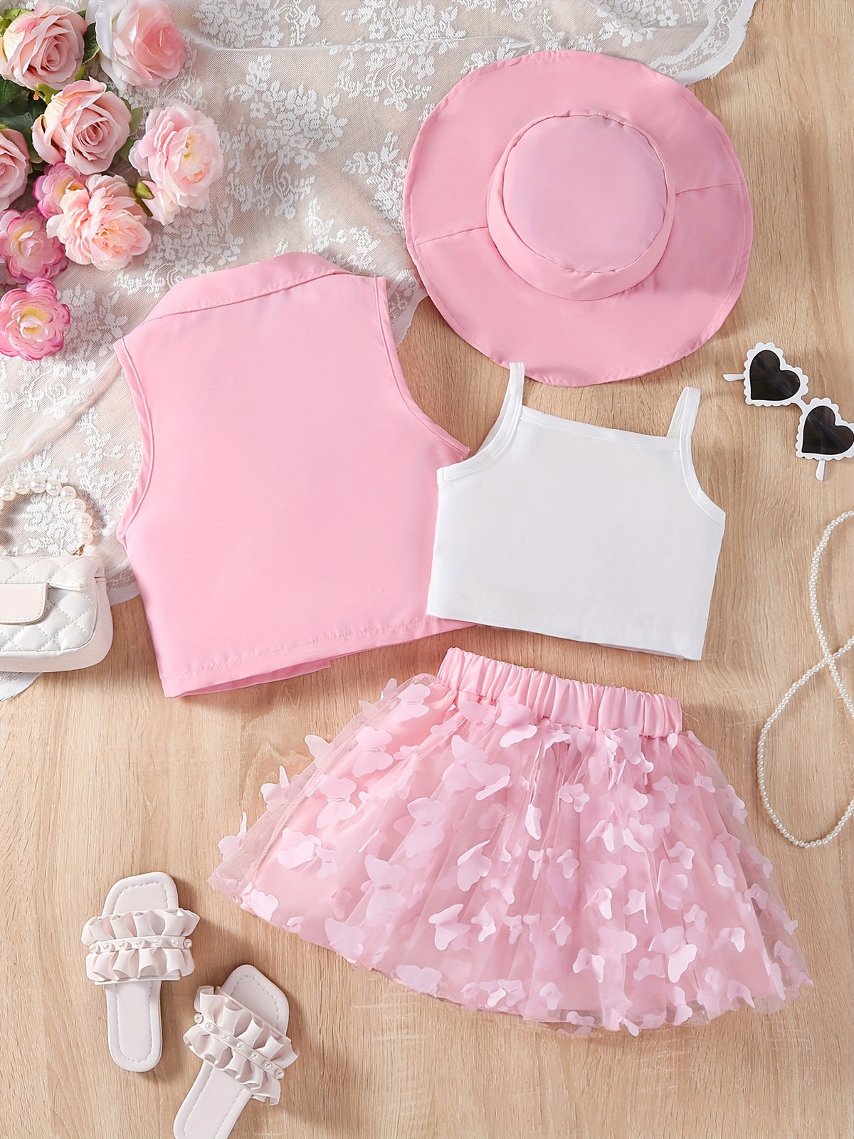 Girls Summer 4-Piece Set With Butterfly Mesh Skirt