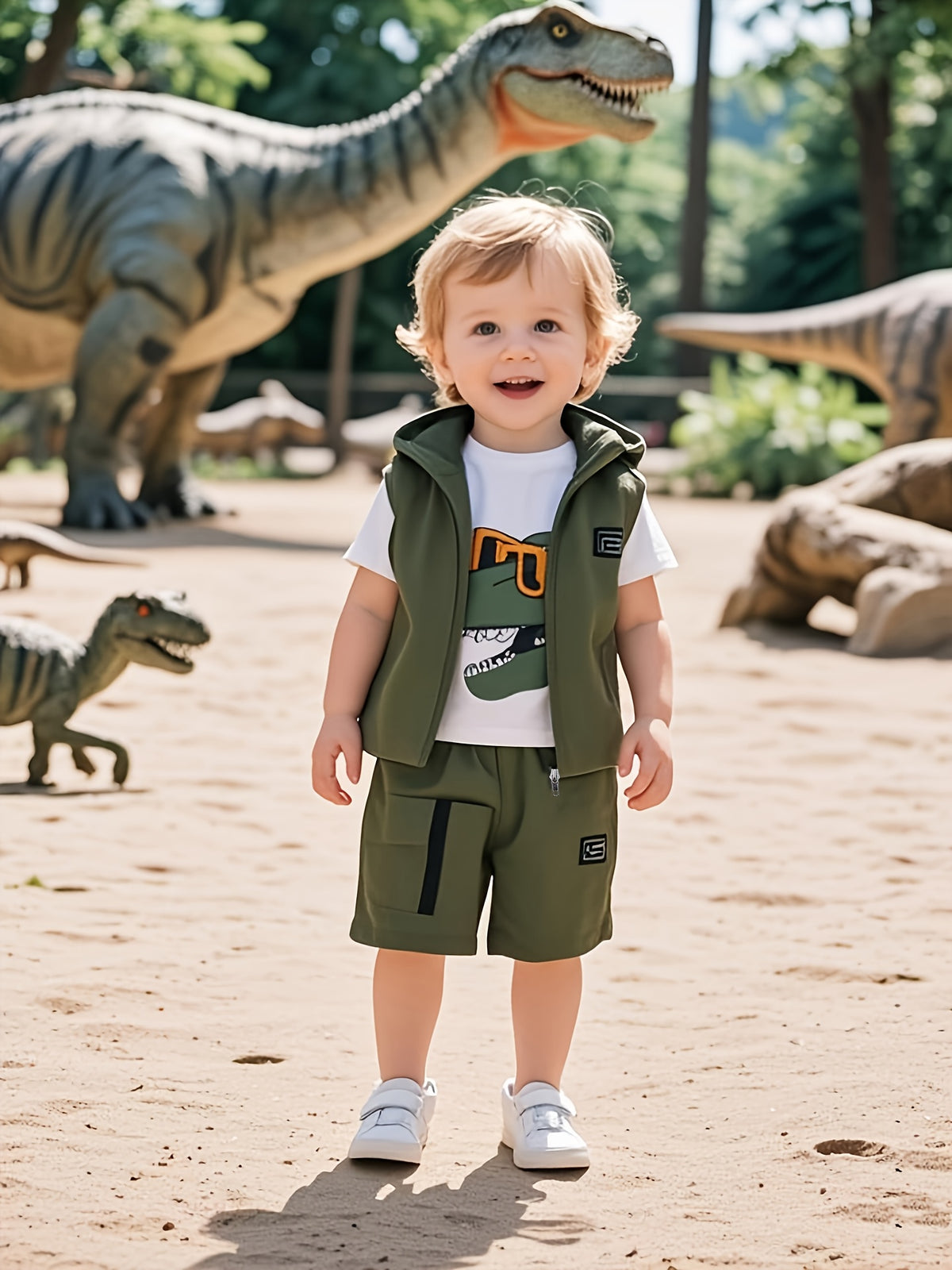 3pcs Set, Baby Boy Casual Outfit, Letter Patchwork Hooded Sleeveless Vest And Dinosaur Print Short-Sleeve T-Shirt And Casual Sports Shorts, Lightweight Comfortable All-Match Trendy Sports Clothing for Summer, for Outdoor