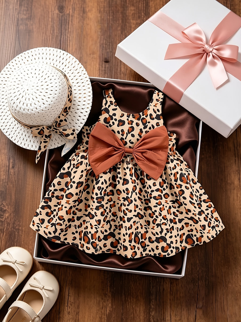 New Summer Sweet and Cute Leopard Print Bow Sleeveless Dress with Hat for 0-2 Year Old Girls, Comfortable Baby Dress for Daily Outings, Beach, and Vacations, Children's Clothing, Newborn/Toddler Necessities