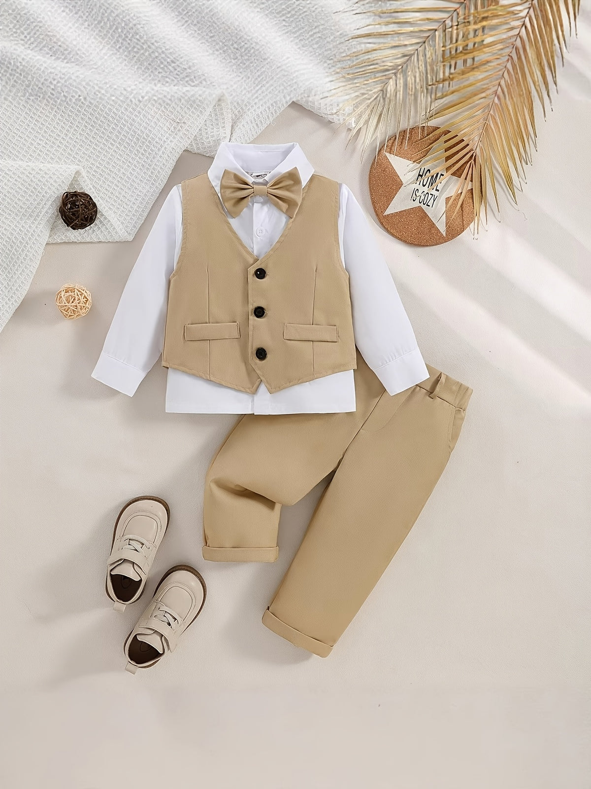 Children's Formal Wear New Solid Color Suit Vest with Long Sleeve Shirt and Long Pants Three-Piece Set, Party First Birthday Boys' Outfit, Boys' Suit Formal Wear Set
