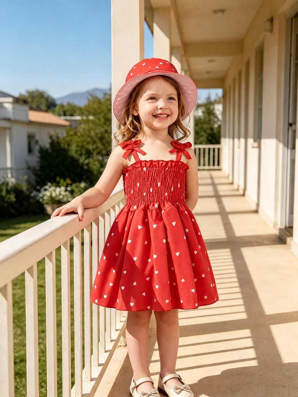 Girls' Heart Print Camisole Dress And Hat Set - 6pcs