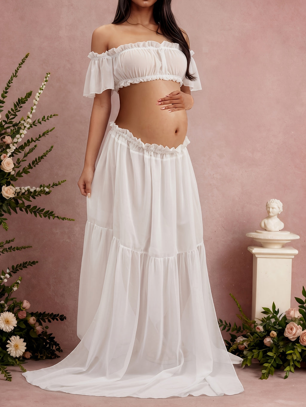 Off Shoulder 2pcs Maternity Set, Non-Stretch Draped Crop Top & Swing Floor-Length Maxi Skirt, Elegant Dreamy Outfit for Maternity Photoshoots, Loose Ruched Maternity Skirt Set, Women's Outfit for Pregnancy Banquets & Daily Wear