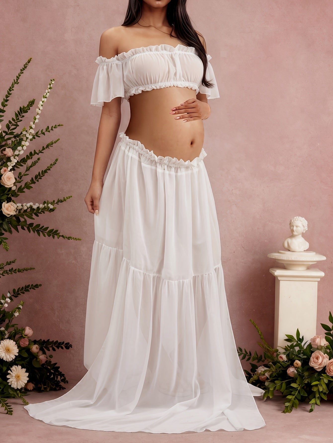 Off Shoulder 2pcs Maternity Set, Non-Stretch Draped Crop Top & Swing Floor-Length Maxi Skirt, Elegant Dreamy Outfit for Maternity Photoshoots, Loose Ruched Maternity Skirt Set, Women's Outfit for Pregnancy Banquets & Daily Wear