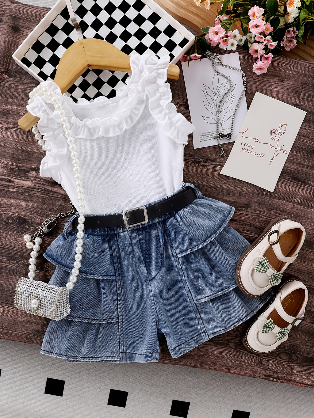 Baby Outfit Set with Solid Top and Ruffled Denim Shorts