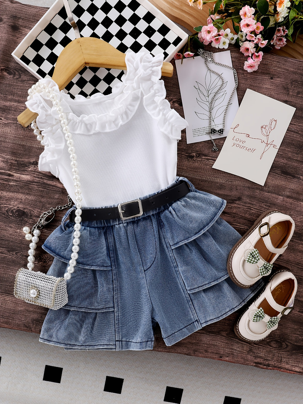 Baby Outfit Set with Solid Top and Ruffled Denim Shorts