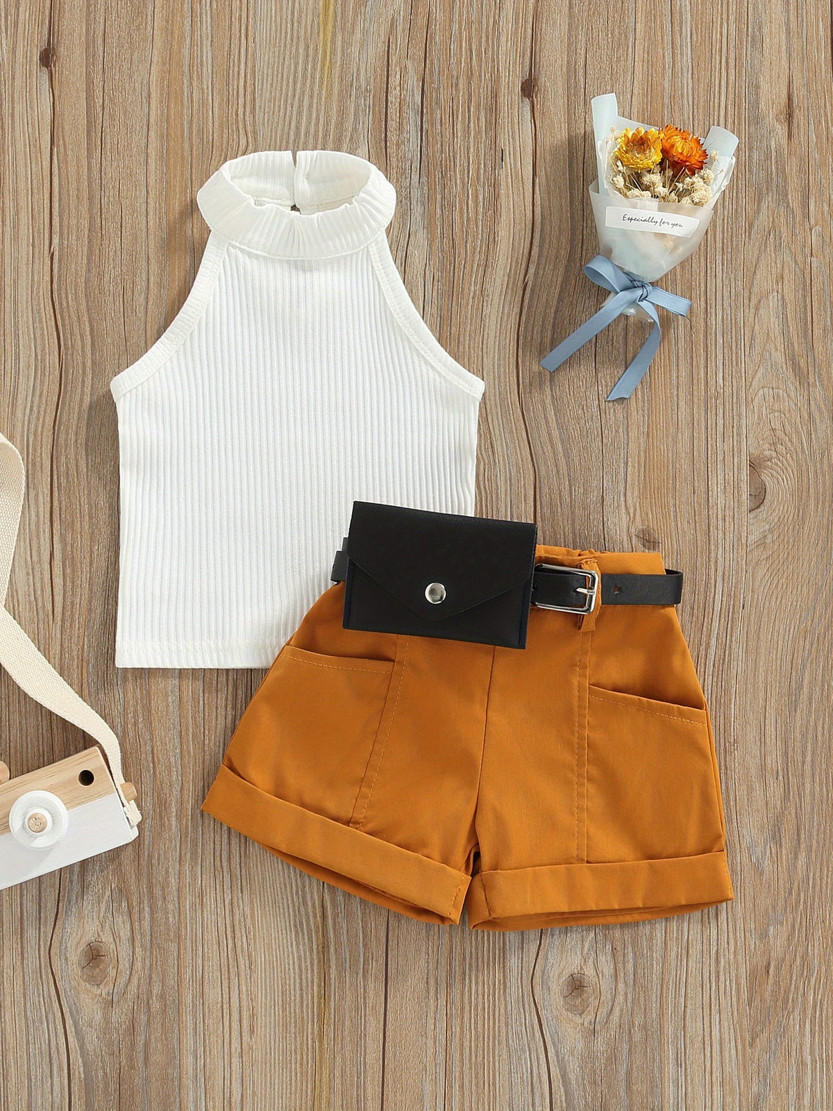 Summer Halter Outfit Set with Shorts and Waist Bag