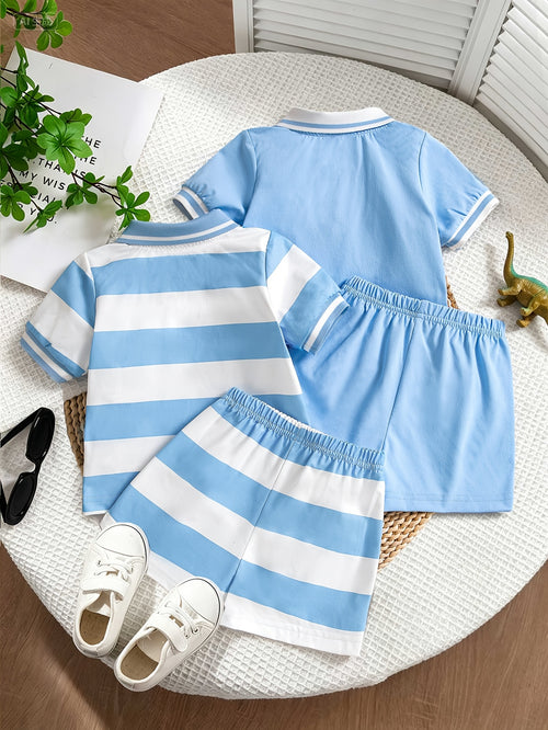 2 Sets (4 Pieces) Boys' New Summer Color-Block Striped and Solid Color Polo Collar Little Dinosaur Print Top and Shorts Casual Fashion Set, Perfect for Outdoor