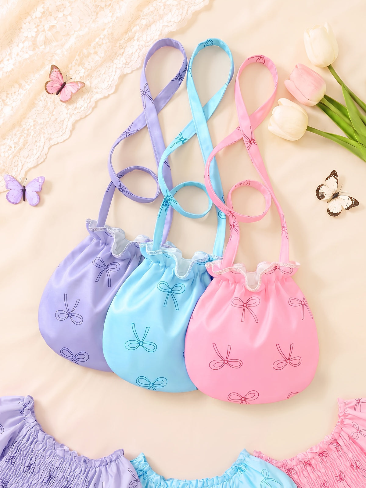 Girls Polyester Dress Set with Irregular Bowknot Print