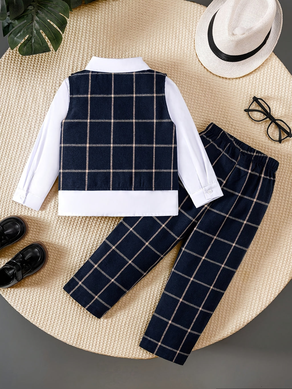 3pcs Toddler Gentleman Set: Navy Plaid Vest, Solid Color Collared Long Sleeve Shirt, Bow Tie And Elegant Trousers, Suitable for Parties, Weddings, Graduation Ceremonies And Other Formal Occasions