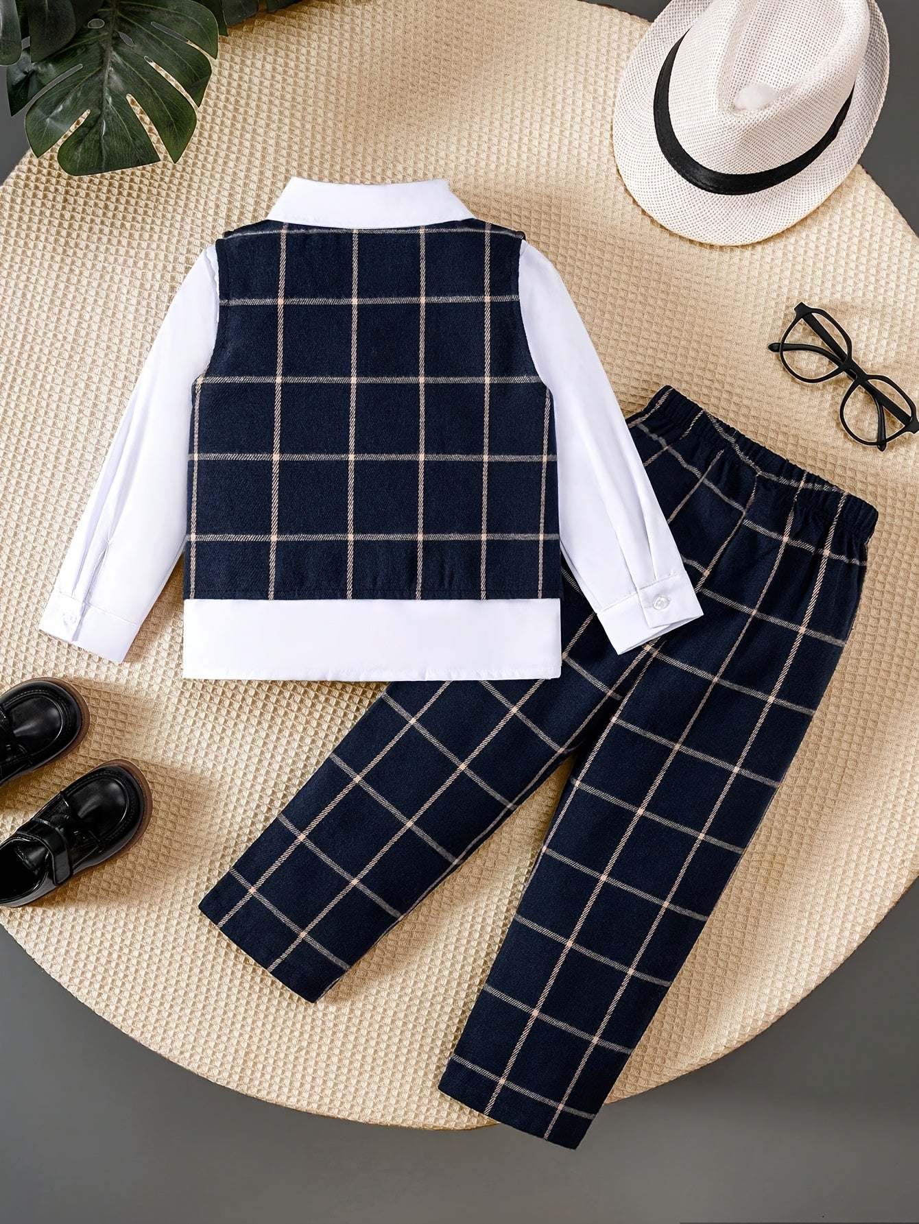 3pcs Toddler Gentleman Set: Navy Plaid Vest, Solid Color Collared Long Sleeve Shirt, Bow Tie And Elegant Trousers, Suitable for Parties, Weddings, Graduation Ceremonies And Other Formal Occasions