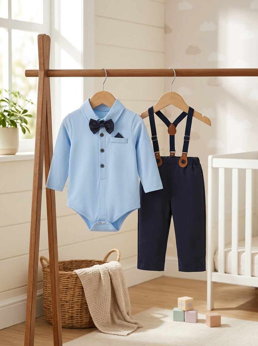 Two-piece set for boys: navy blue long-sleeved bodysuit with bow tie and adjustable overalls, suitable for summer, elegant occasions such as weddings, birthdays, and back-to-school events,fall and winter clothes