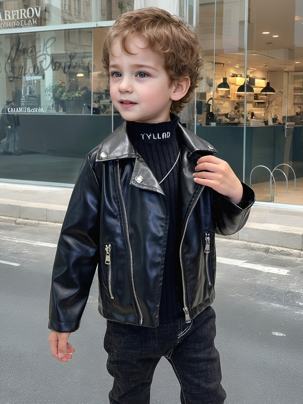 Boys' Cool Street-Style PU Leather Jacket, Spring/Autumn Fashionable Vintage Lapel Motorcycle PU Leather Jacket Outerwear,halloween