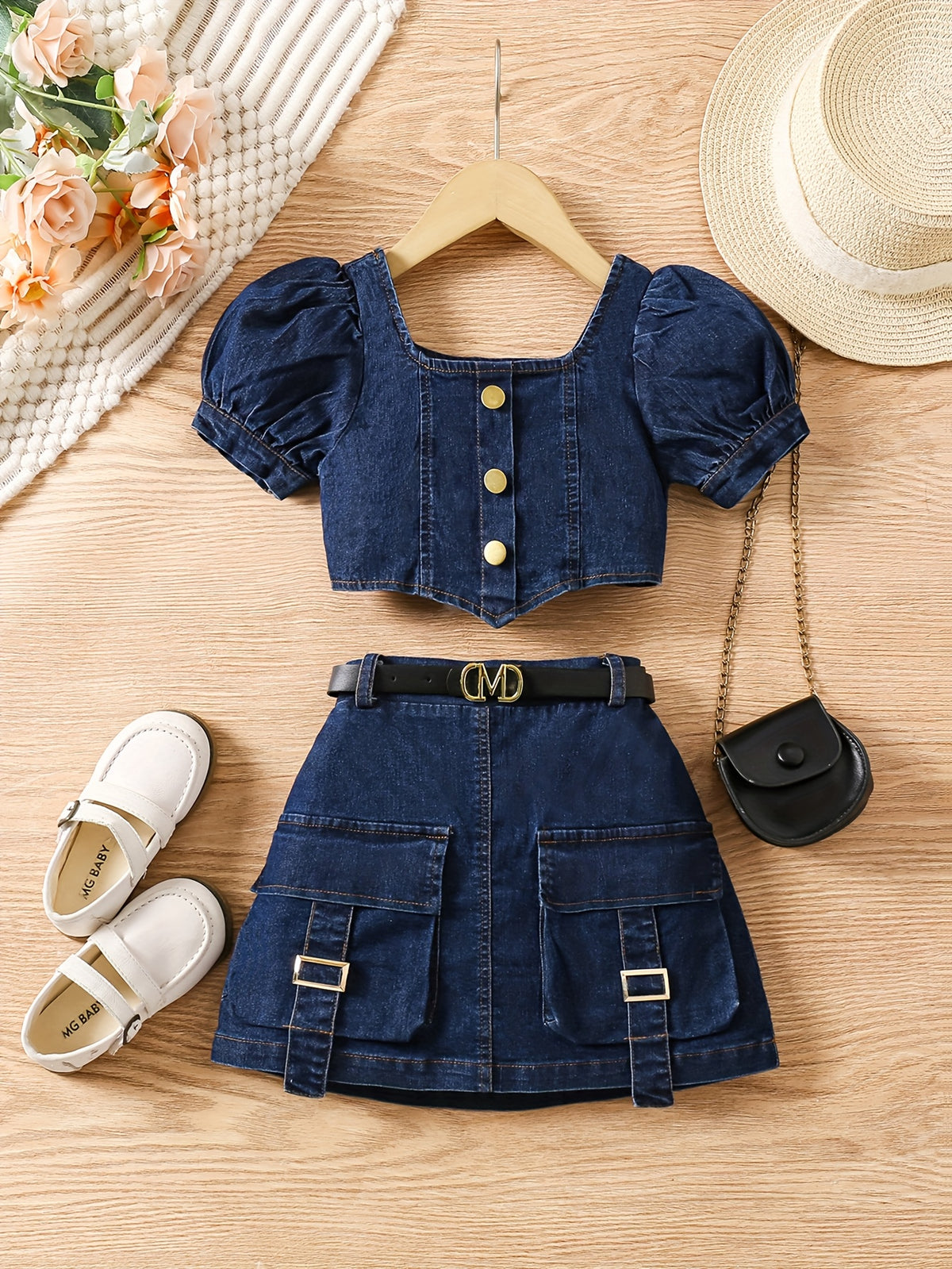 Girls' Denim Skirt Suit with Puff Sleeves and Belt