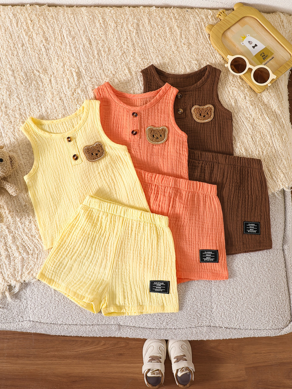 Baby Boy Summer Bear Embroidery Vest And Short Sleeve Set