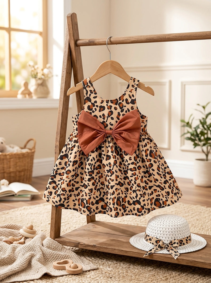 New Summer Sweet and Cute Leopard Print Bow Sleeveless Dress with Hat for 0-2 Year Old Girls, Comfortable Baby Dress for Daily Outings, Beach, and Vacations, Children's Clothing, Newborn/Toddler Necessities