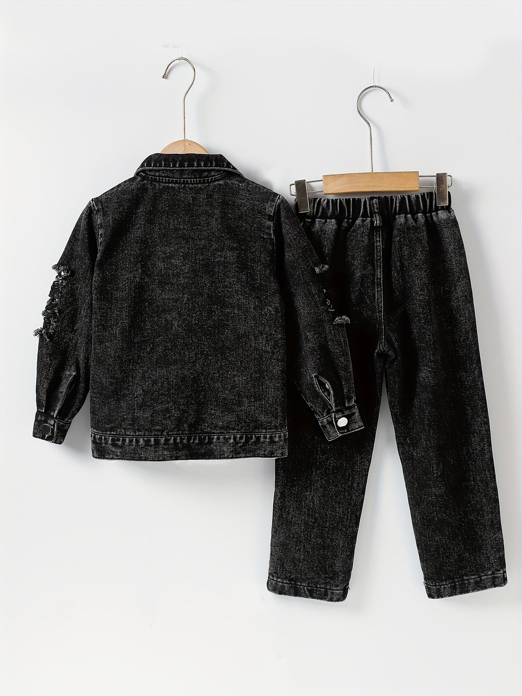 2pcs Boys' Autumn Back-To-School Outfit for Ages 3-8, Black Denim Casual Street Style with Lapel, Ripped Details, Button-Up Long Sleeve Jacket And Pocketed Elastic Waist Long Pants, Comfortable And Fashionable for Daily Wear, Perfect for Spring