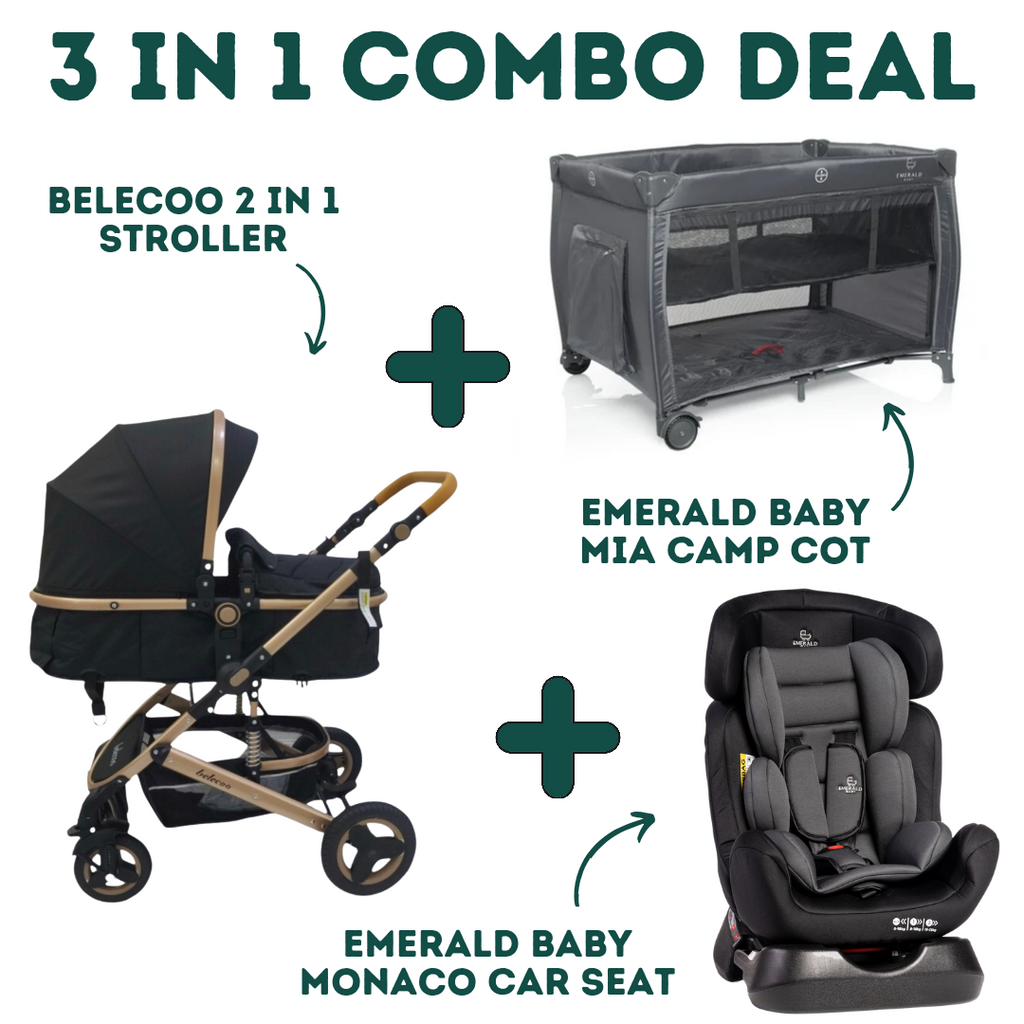 Emerald Baby Monaco Car Seat + Emerald Baby Sarah Camp Cot + Belecoo 2 in 1 Stroller (COMBO!)