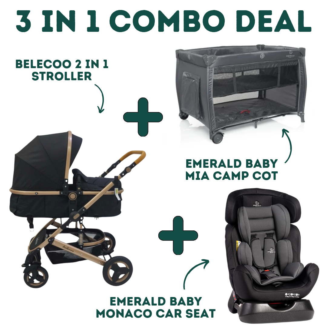 Emerald Baby Monaco Car Seat + Emerald Baby Sarah Camp Cot + Belecoo 2 in 1 Stroller (COMBO!)