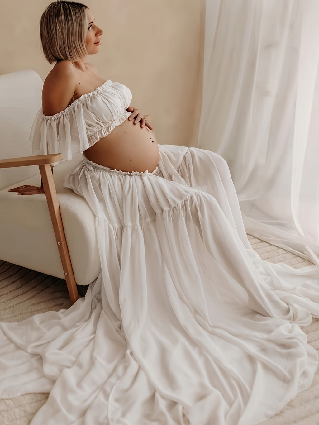 Off Shoulder 2pcs Maternity Set, Non-Stretch Draped Crop Top & Swing Floor-Length Maxi Skirt, Elegant Dreamy Outfit for Maternity Photoshoots, Loose Ruched Maternity Skirt Set, Women's Outfit for Pregnancy Banquets & Daily Wear