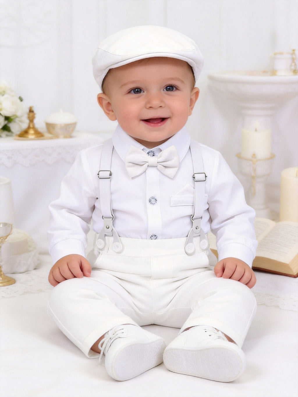 Boys' Long-Sleeve Pure White Christening Set with Hood, 3pcs Set
