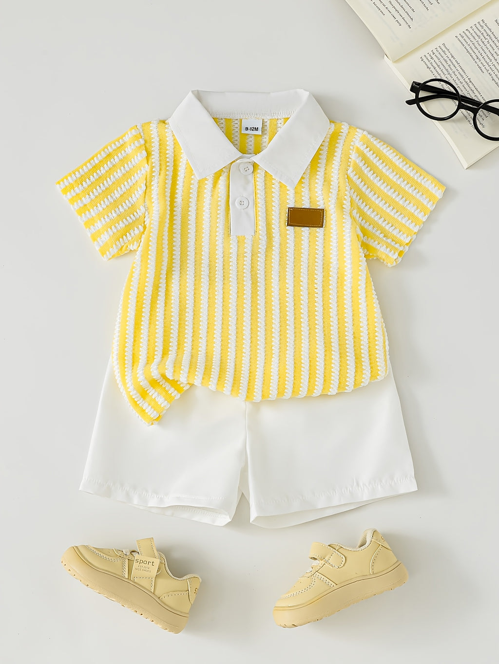 Boys' Summer New Arrival Set: Fresh, Simple, and Stylish. Features a Textured Yellow and White Striped Polo Shirt with Short Sleeves Paired with Solid-color, Lightweight, Breathable Casual Shorts (2pcs Set). The Top Is Adorned with a Small Logo