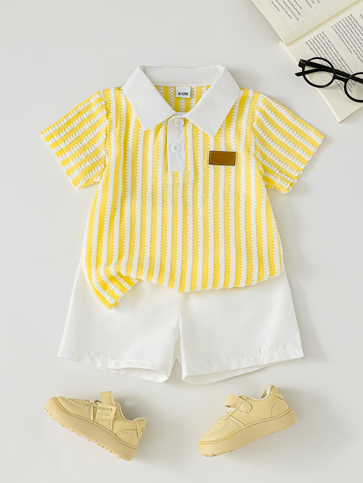 Boys' Summer New Arrival Set: Fresh, Simple, and Stylish. Features a Textured Yellow and White Striped Polo Shirt with Short Sleeves Paired with Solid-color, Lightweight, Breathable Casual Shorts (2pcs Set). The Top Is Adorned with a Small Logo