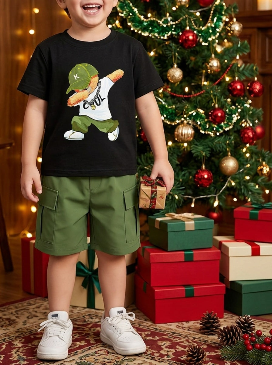 Boys' Bear Print T-Shirt and Shorts Set with Pockets