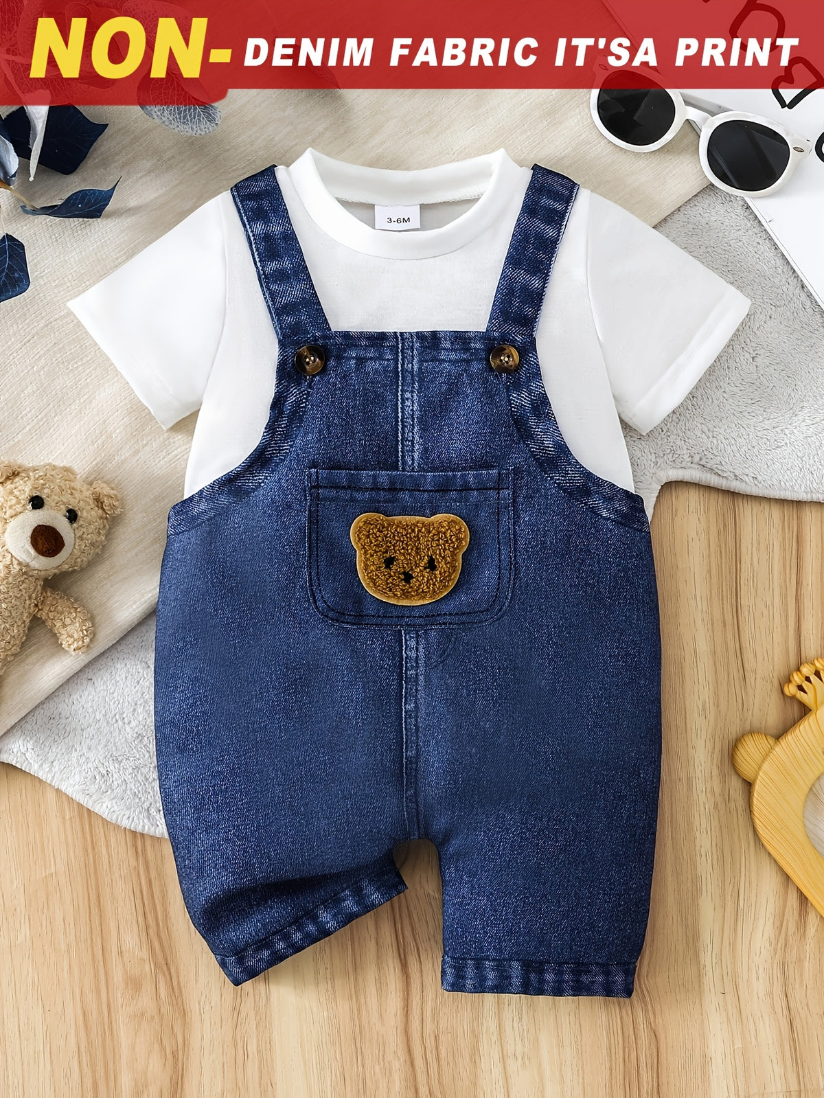 Fashionable Boys' Solid Color Short-Sleeve T-Shirt and Denim Overalls with Pockets