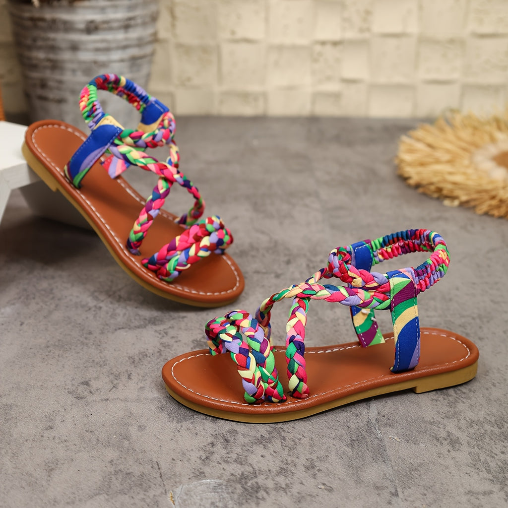 New Summer Girls' Sandals, Colorful Woven Soft-Sole Non-Slip Flat Roman Sandals, Classic and Fashionable, Suitable for School, Outdoors, Summer Beach Vacations, and Casual Wear