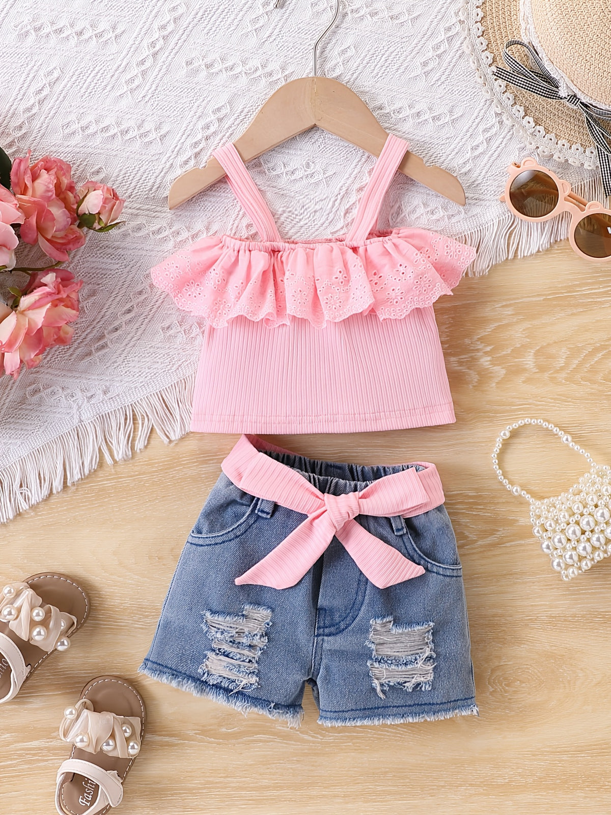 Baby Girl Outfit Set with Floral Ruffle Neckline