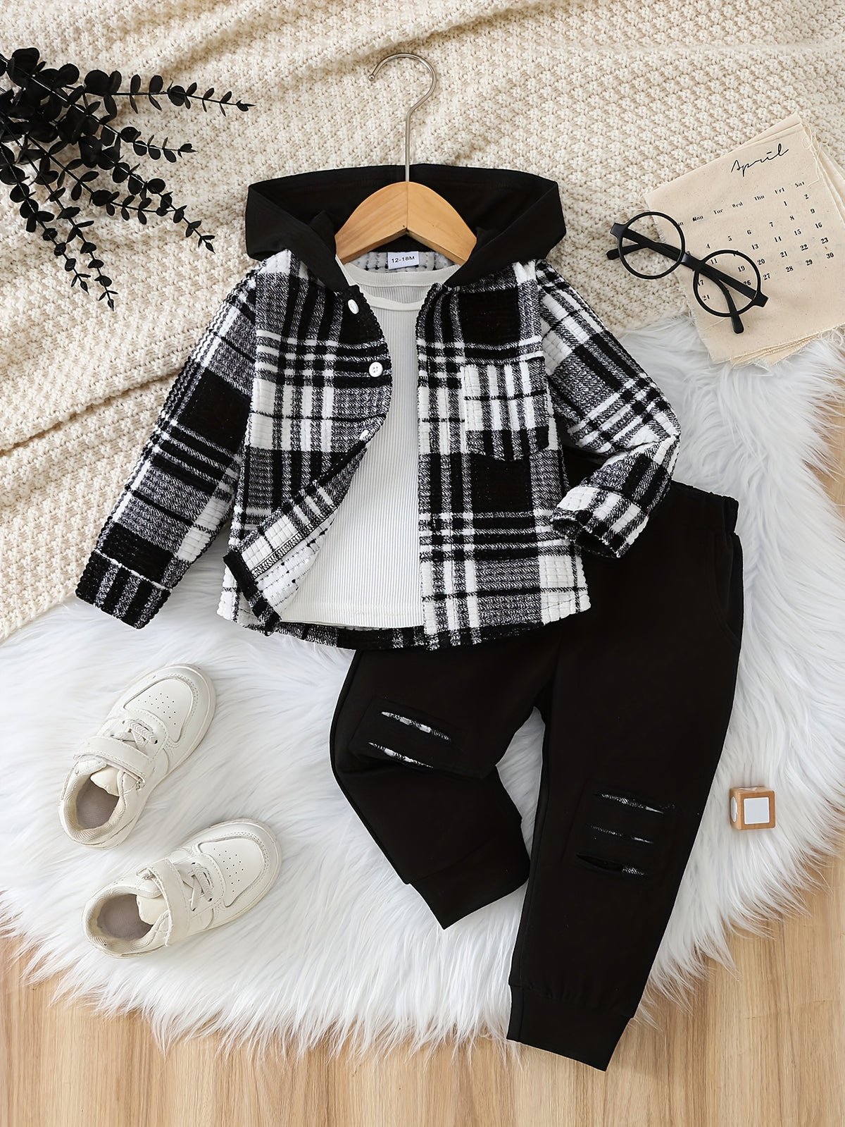 Autumn Winter Outdoor Boys' Fashion Hooded Plaid Long Sleeve Shirt And Distressed Design Solid Color Long Pants Set, for Outdoor