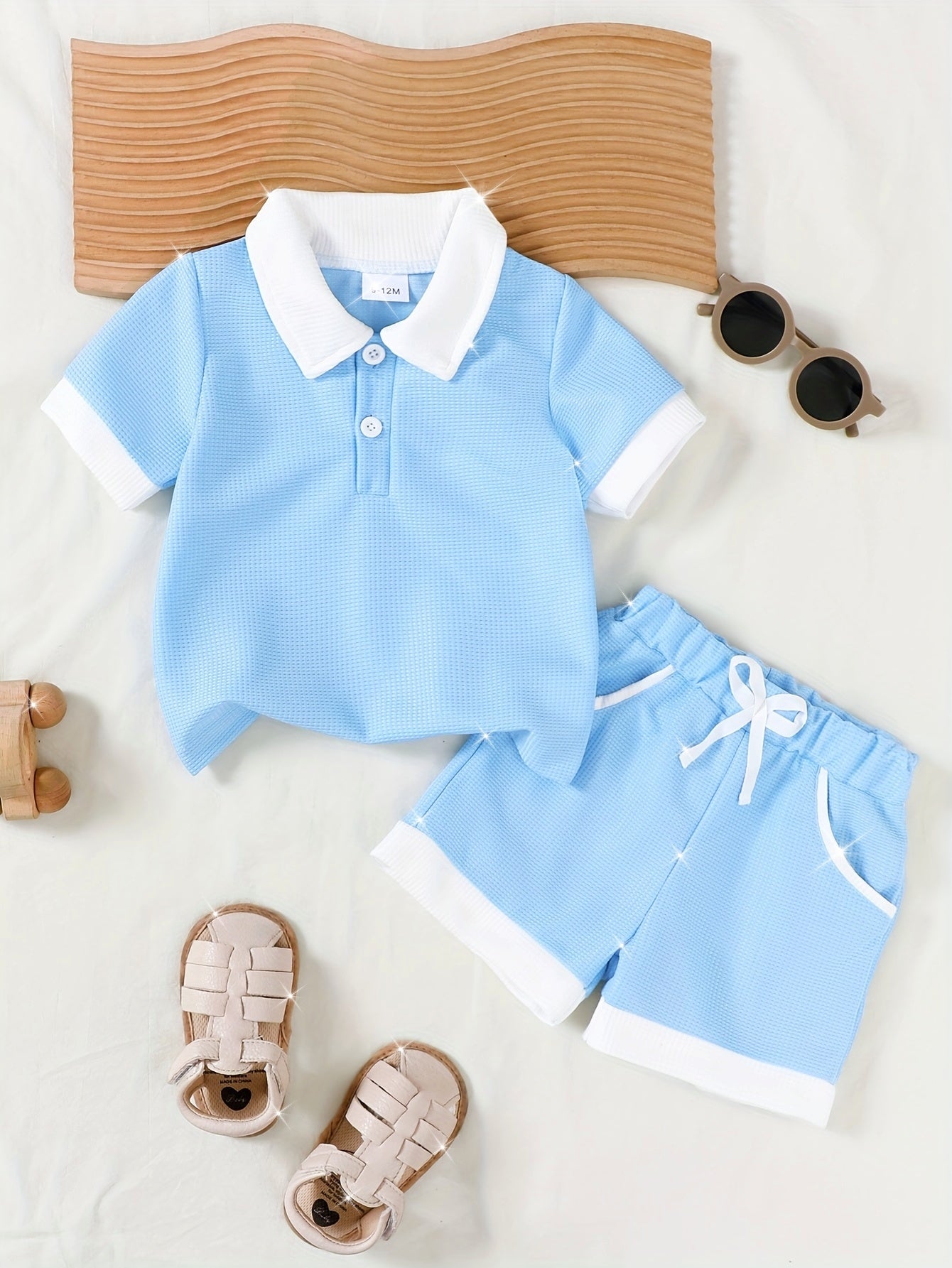 Summer Preppy Style Baby Boy Light Blue Contrast Set Polo Collar Commuter Short Sleeve And Pocket Shorts 2pcs Outfit, for Outdoor
