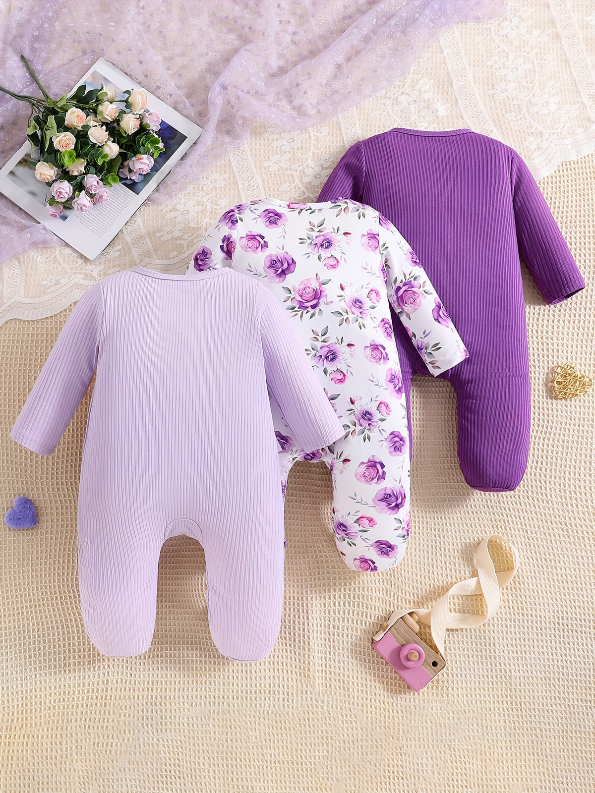 3pcs Baby Girl Floral Print and Solid Color Long Sleeve Romper Set