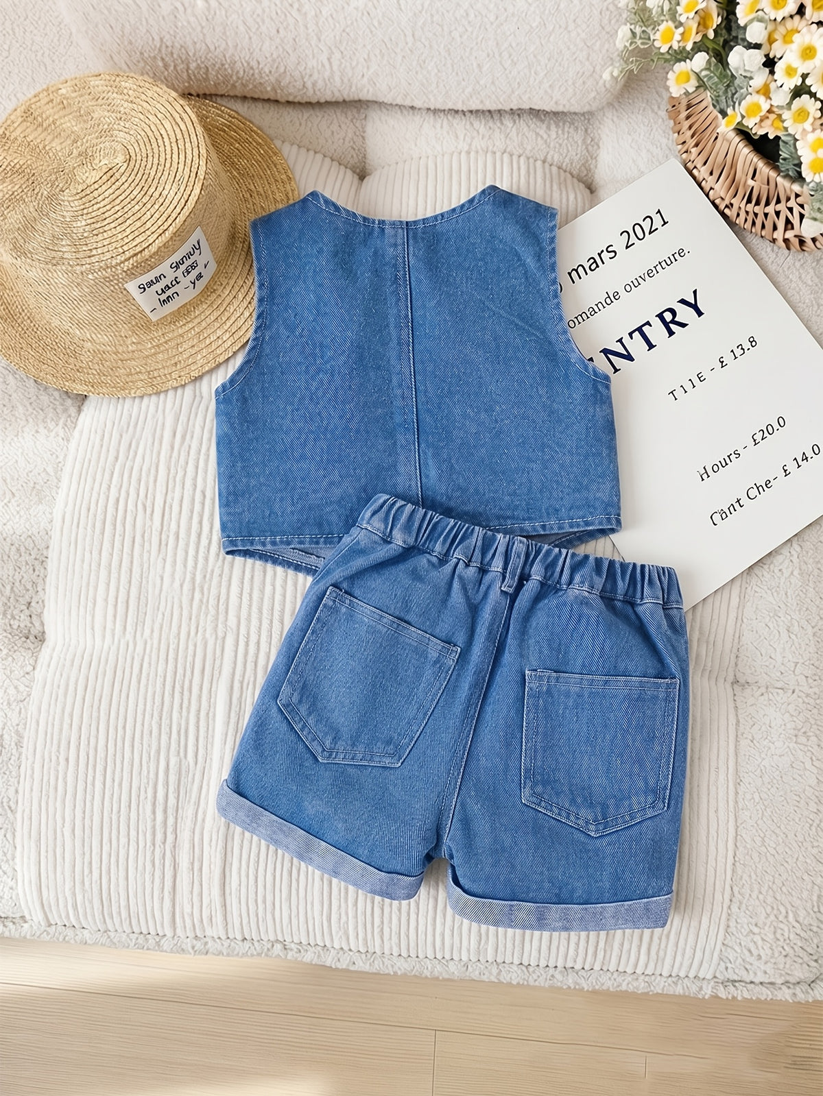 Girls' Denim Shorts Set with Cherry Embroidery