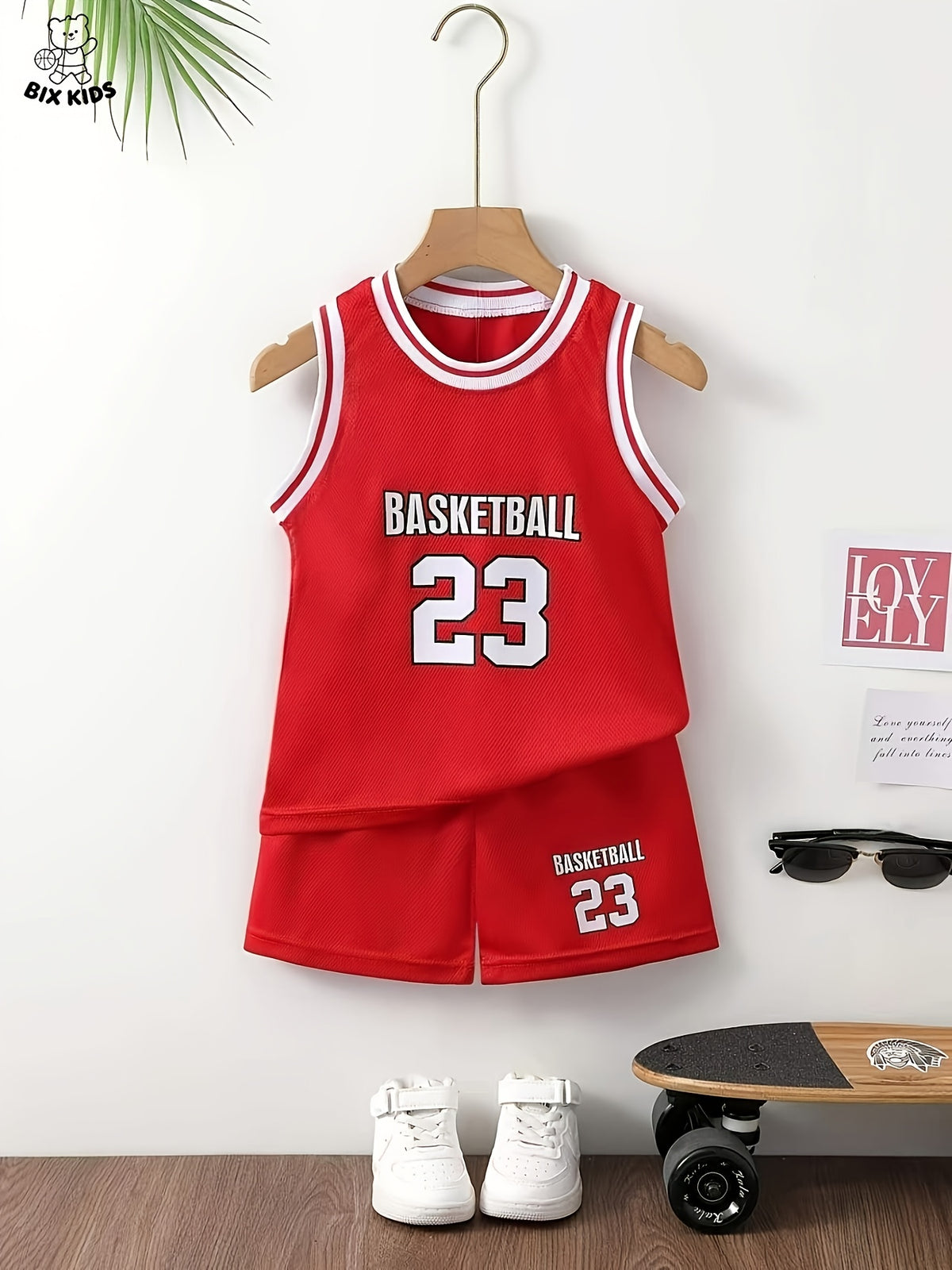 Boys' Summer Quick-Dry Sports Set, Red And White Ribbed Crew Neck Sleeveless Vest And Matching Shorts, Cool Breathable Non-Sweaty, for Outdoor
