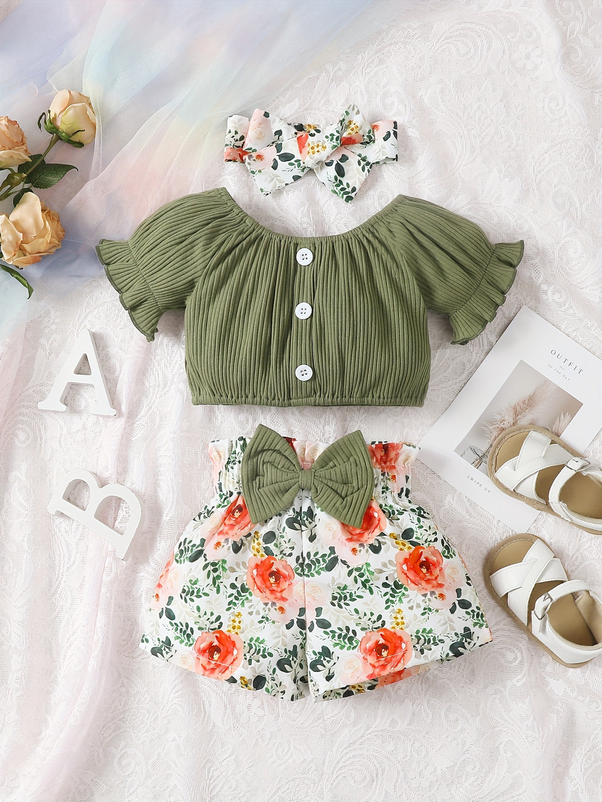 Girls' Pleated Top and Floral Print Shorts Set
