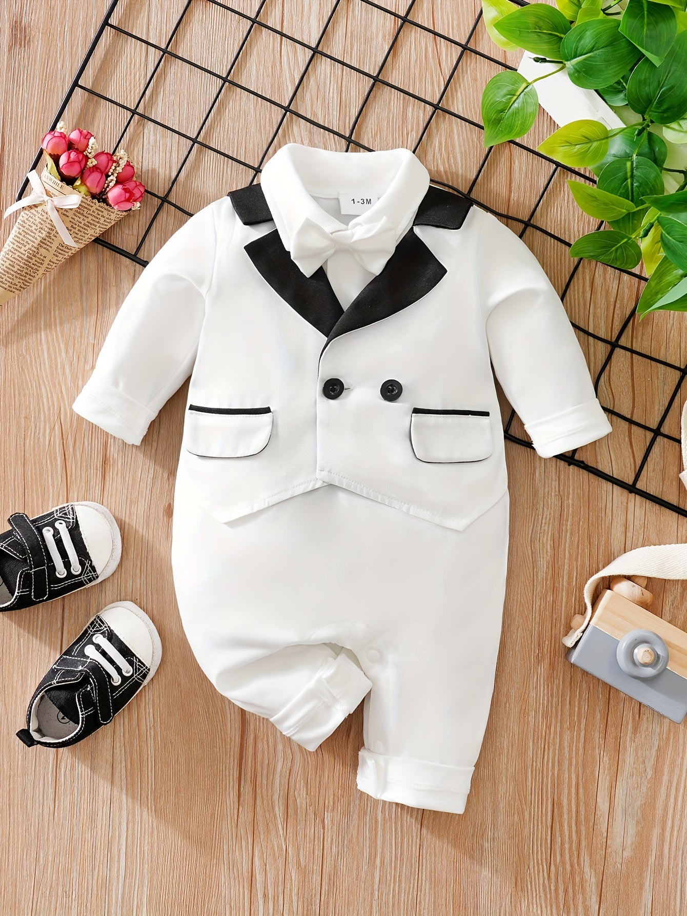 Newborn Boy Spring/Fall Party Handsome Vest Faux Two-Piece Gentleman Dress Long Sleeve Baby Romper