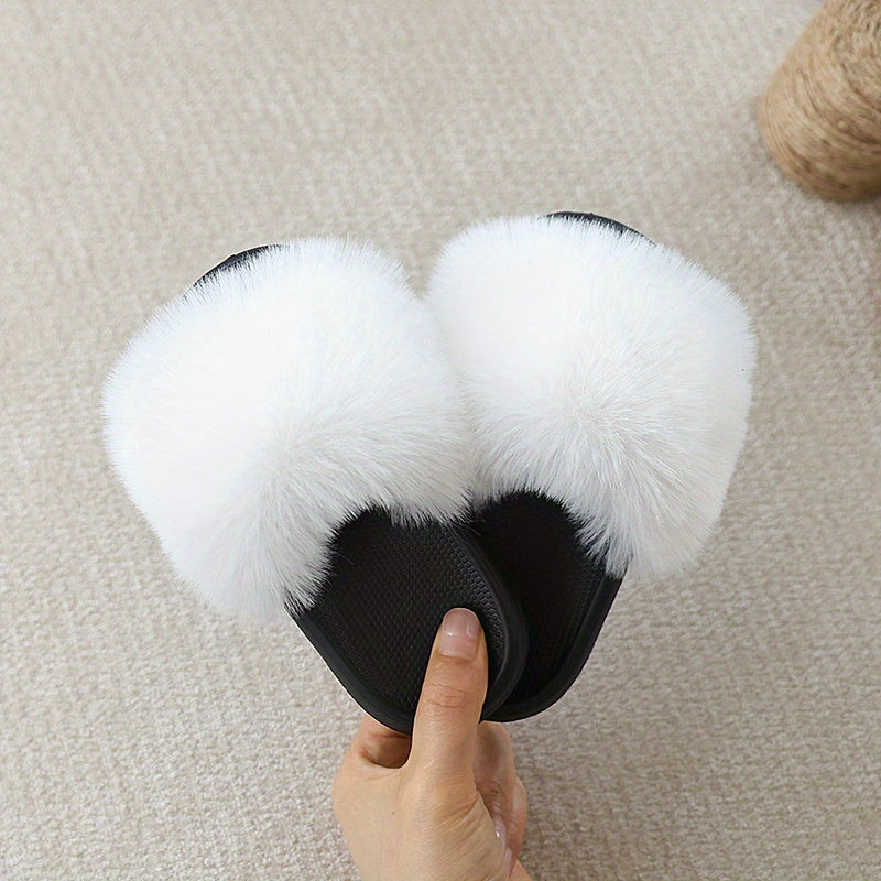 Girls Furry Slide Slippers Soft Faux Fur Slides EVA Non-Slip Sole Indoor Outdoor House Slippers Cute Plush Flat Sandals Little Big Kid Bedroom Fur Slides Black White Pink Toddler Lightweight Anti Slip Kids Daily Gift Footwear