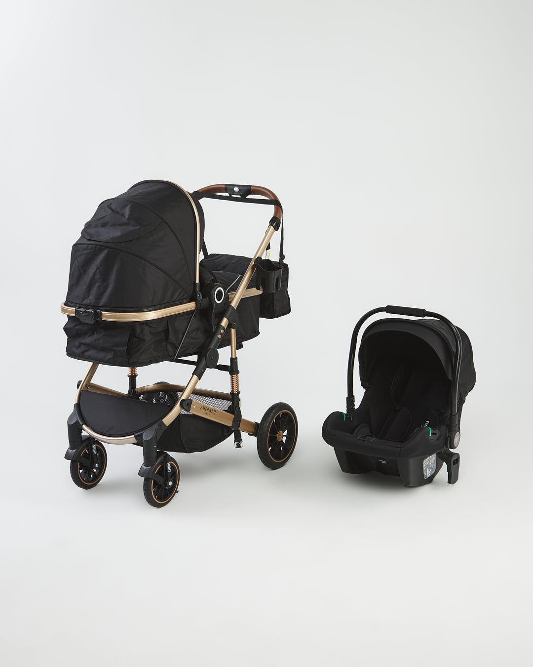 Emerald Baby Compact 3 in 1 Stroller Set with Car Seat & Nappy + Emerald Baby Yara Extra Length Camp Cot