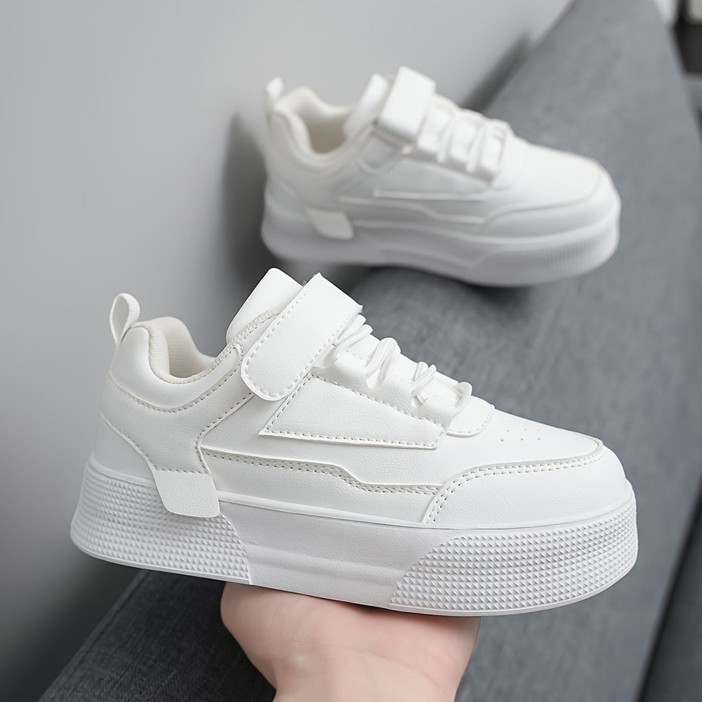 Youngsters' All-Season White Casual Sneakers - Lightweight Breathable Training Shoes with Closure, Non-Slip EVA Sole & PU Upper for Boys & Girls - School, Outdoor, Casual Attire, Outdoor Youngsters's Footwear, Durable Stitched Detail