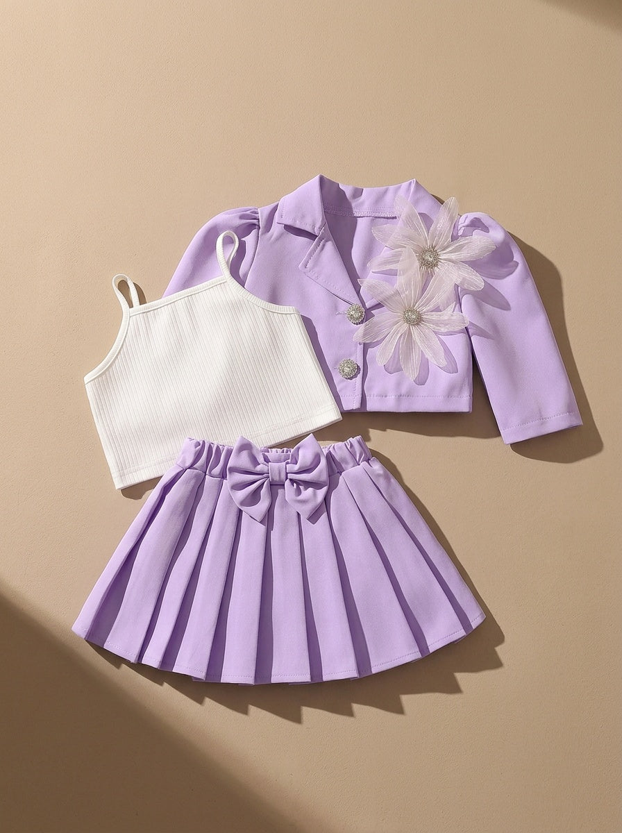 Girls' Spring/Autumn Purple Jacket, Skirt, and White Camisole 3pcs Set