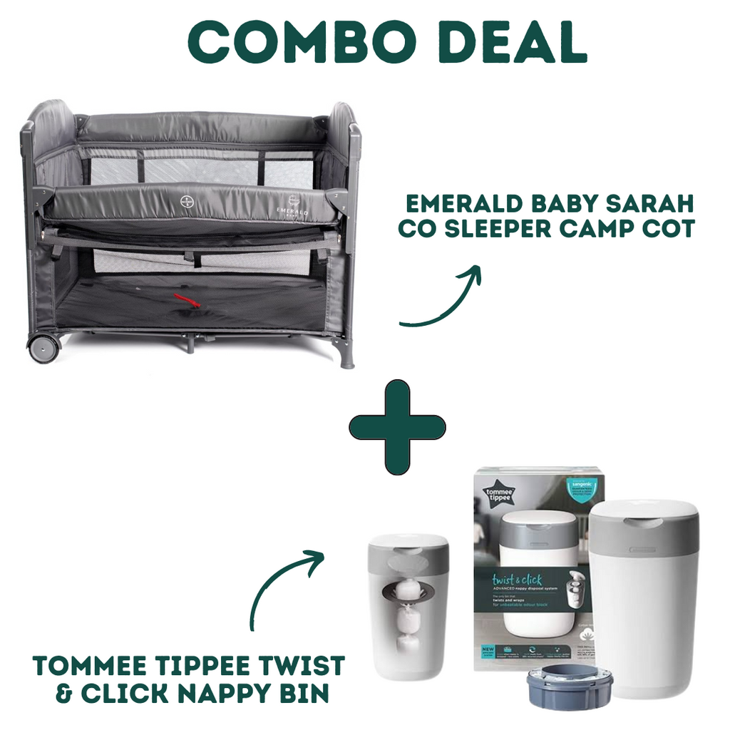 Emerald Baby Sarah Co Sleeper Camp Cot + Tommee Tippee Twist & Click Nappy Bin - Combo Deal