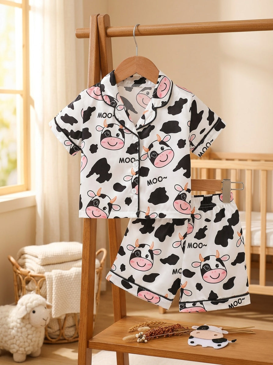 Baby Pajama Set With Cow Print And Flame-Resistant Fabric