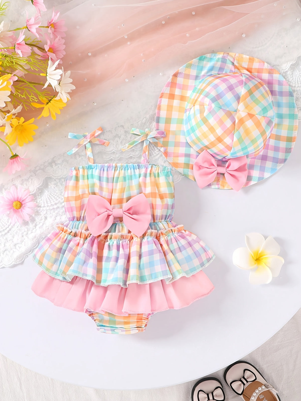 Baby Girl Plaid Suspender Dress Set With Bow Details