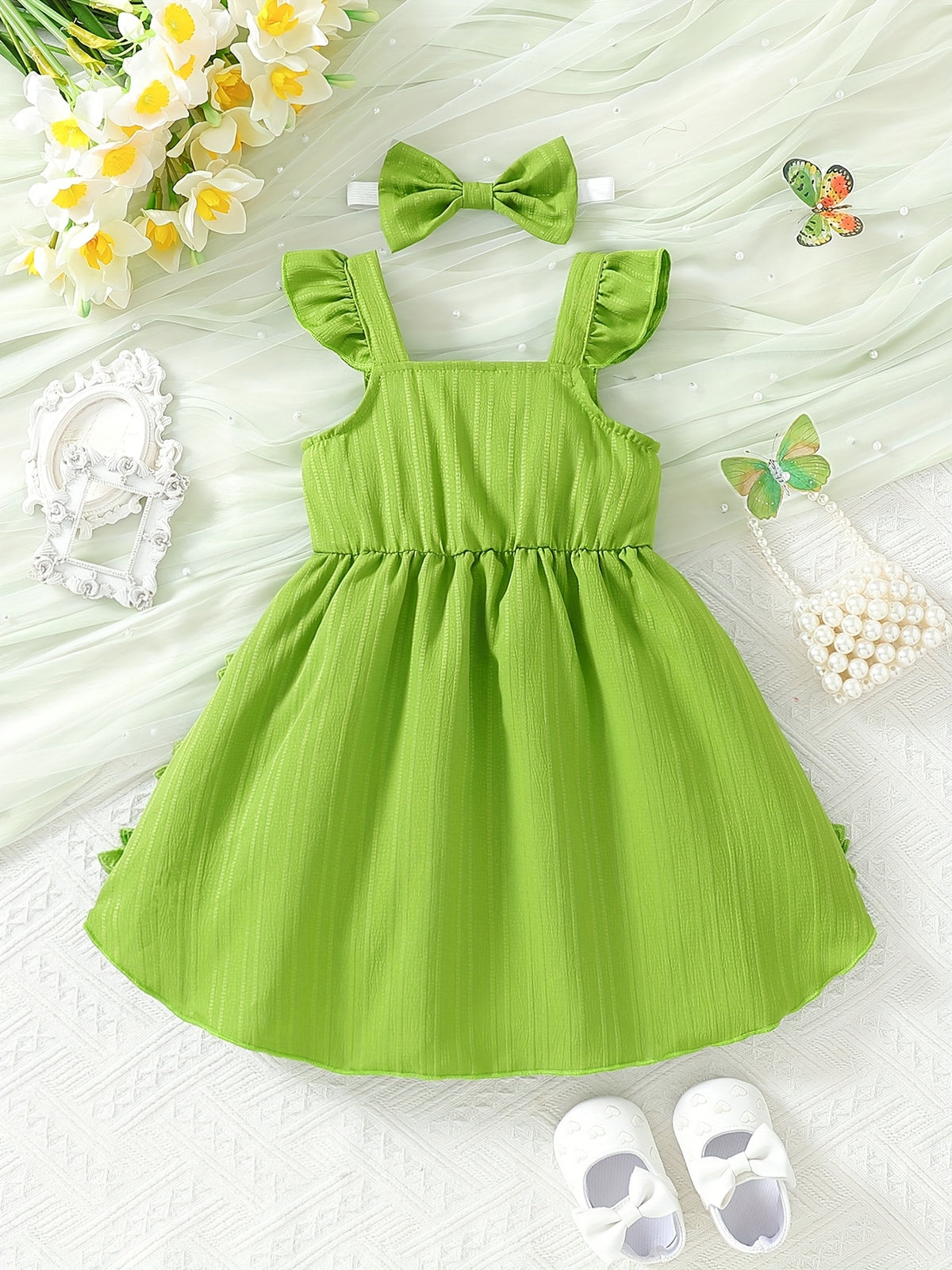 Baby Girl Romper in Fresh Green with Floral Details