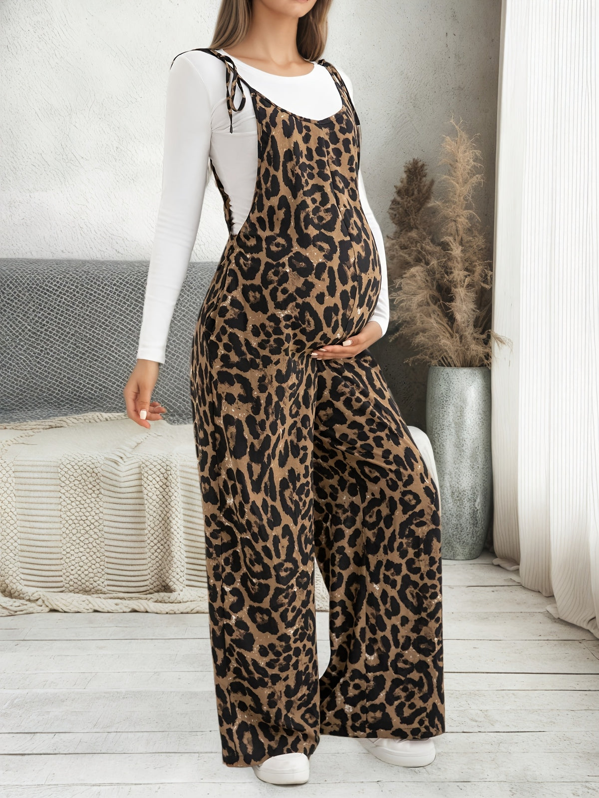 Comfortable Casual Pregnant Jumpsuit, Leopard Print Overalls Wide-Leg Pants, Adjustable Straps, Loose Long Trousers, Casual Outing