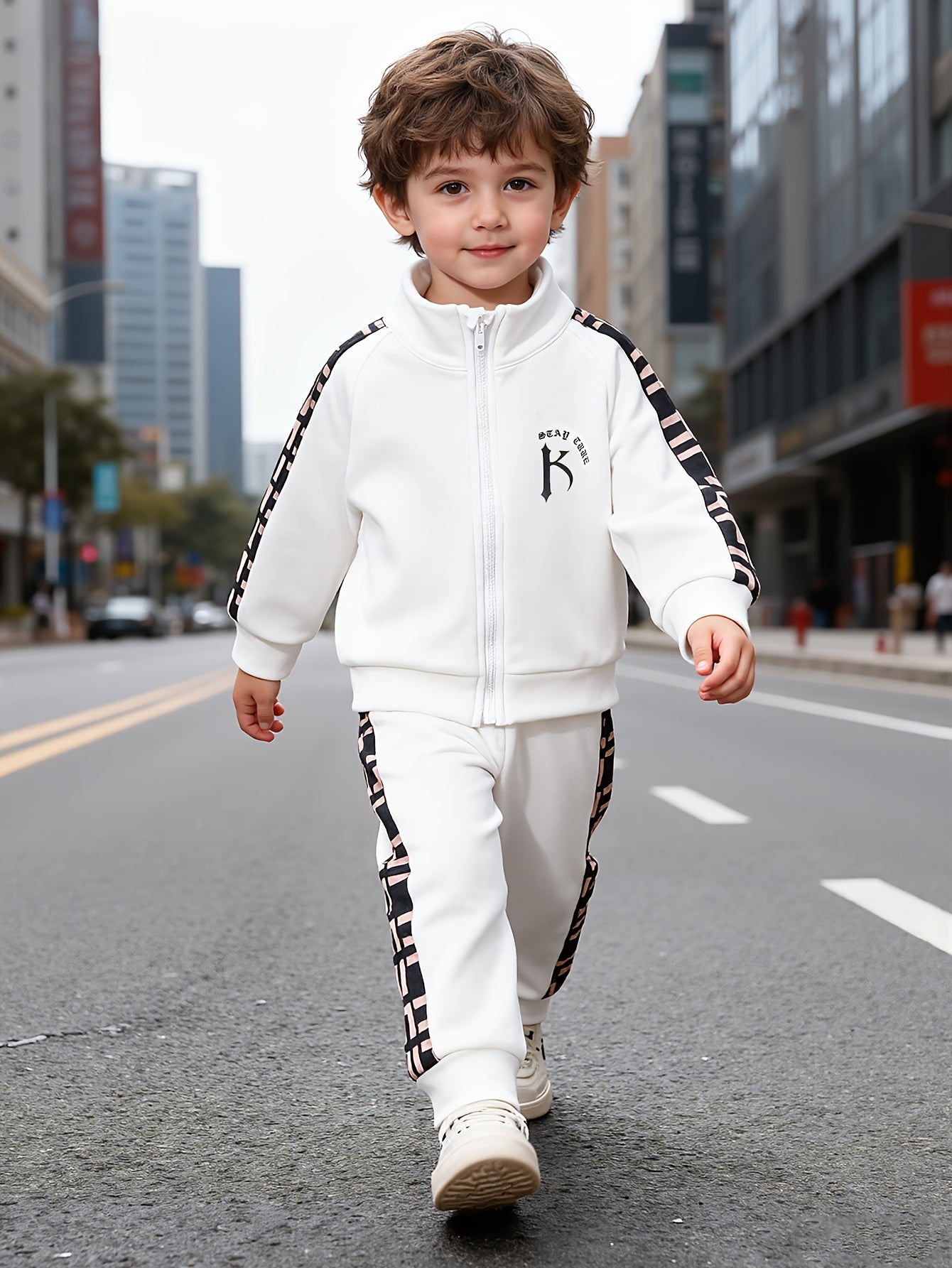 2pcs Set/Set of Children'S Children'S Casual, Sporty, Comfortable, All Letter Printed Decoration Loose Collar Zipper Top And Pants Set, Suitable for Travel, School, And Leisure Occasions, Suitable for Autumn And Winter Seasons, School Wear